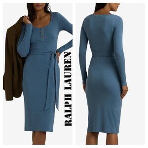 RALPH LAUREN LONG SLEEVE BELTED HENLEY MIDI DRESS MEDIUM BLUE STEEL